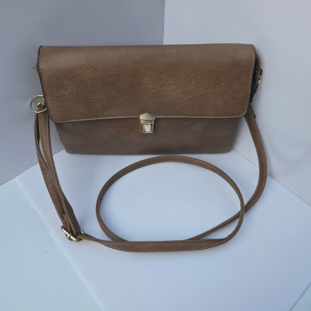 Brown Crossbody Bag Womens Tan Faux Leather Leopard Lining Adjustable Strap